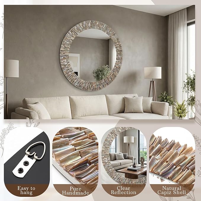 Sintuff Large 24 Inch Round Capiz Shell Mirror, Coastal Seashell Wall Mirror for Beach House Handcrafted Capiz Seashell Sunray Wall Decor for Living Room, Bedroom Vanity