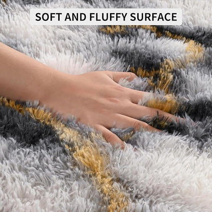 Tepook Fluffy Large Rugs for Living Room, Area Rug 6x9 Soft Carpet for Bedroom, Modern Shaggy Rug for Kids Boys Girls, Plush Indoor Nursery Home Decor Rug with Non-Slip Bottom, White Black Gold