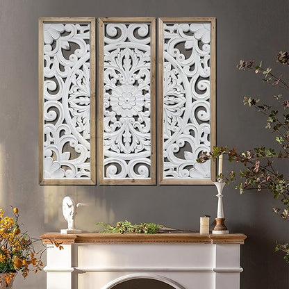 XIAOAIKA Wood Wall Art Vintage Carved Panels, Rustic Farmhouse Wall Decor with Solid Wood Frame, White Distressed Floral Scroll Design, Boho Artwork for Living Room Bedroom, Set of 3 Each 35.5" x 12"