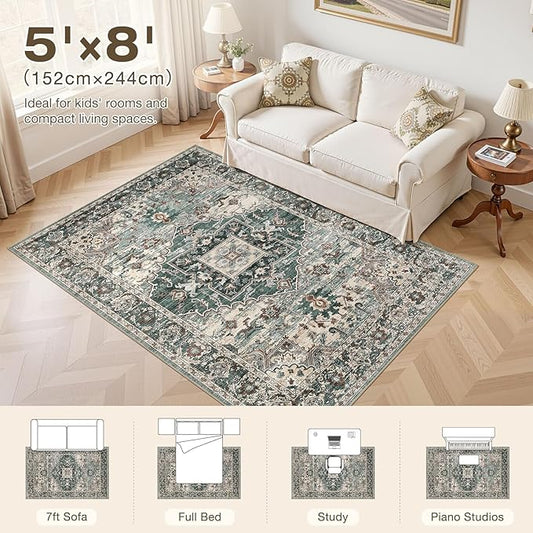5x8 Washable Area Rugs for Living Room: Non Slip Vintage Green Rug, Large Soft Stain Resistant Indoor Floor Carpets for Bedroom Dining Room Nursery Home Office Kid & Pet Friendly