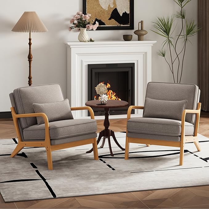 MALOL Accent Chair Set of 2 with Solid Wood Frame, Mid-Century Relaxing Armchair Lumbar Pillow& Soft Cushion, Reading Leisure Chair for Living Room, Bedroom, Waiting Room-Grey