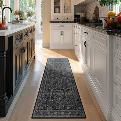 Dark 2x6 Runner Rug for Hallways Entryway, Vintage Earth Tone Kitchen Bathroom Runner 6ft, Non Slip Washable Low Pile Thin Carpet Runner for Mudroom/Laundry Room/Bedroom Bedside, Midnight