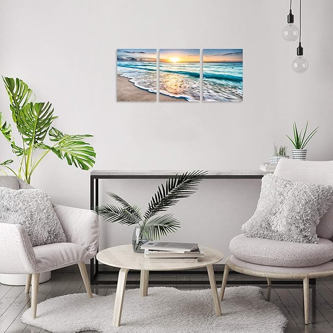 TutuBeer 3 Panel Beach Canvas Wall Art for Home Decor Blue Sea Sunset White Beach Painting the Picture Print on Canvas Seascape the Pictures for Home Decor Decoration,Ready to Hang