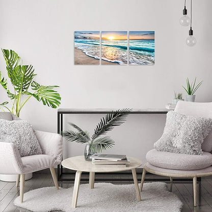 TutuBeer 3 Panel Beach Canvas Wall Art for Home Decor Blue Sea Sunset White Beach Painting the Picture Print on Canvas Seascape the Pictures for Home Decor Decoration,Ready to Hang