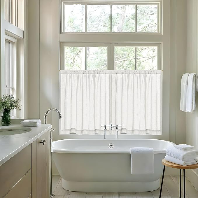 Semi Sheer Kitchen Curtains for Small Windows Light Filtering Curtains 24 inch Length Cream Boho Farmhouse Rod Pocket Cafe Drapes for Basement Bathroom Window Treatments, 25x24 Inch 2 PCS
