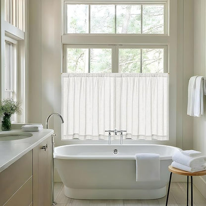 Semi Sheer Kitchen Curtains for Small Windows Light Filtering Curtains 24 inch Length Cream Boho Farmhouse Rod Pocket Cafe Drapes for Basement Bathroom Window Treatments, 25x24 Inch 2 PCS