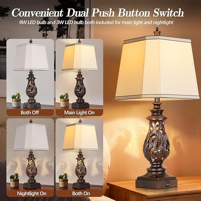 PARTPHONER 29" Table Lamps Set of 2, Bedside Lamps with USB A+C Ports & Night Light, Farmhouse Nightstand Lamps with Faux Silk Shades for Bedroom Living Room, Vintage Brown (LED Bulbs Included)