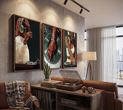 3pcs Trendy Black Girly Dj Canvas Wall Art Fashion African American Black Women Posters Prints Paintings Muisc Record Wall Decor Pictures for Bedroom Living Room Decoration Unframed