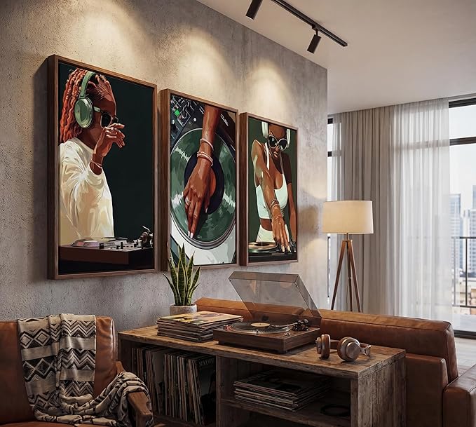 3pcs Trendy Black Girly Dj Canvas Wall Art Fashion African American Black Women Posters Prints Paintings Muisc Record Wall Decor Pictures for Bedroom Living Room Decoration Unframed