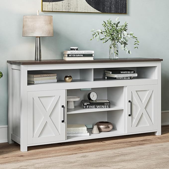 BELLEZE 58 Inch TV Stand, Contemporary Entertainment Center for TVs up to 65", Wood Media Console Table with Two Open Shelves and Barn Door Cabinets - Corin (White)