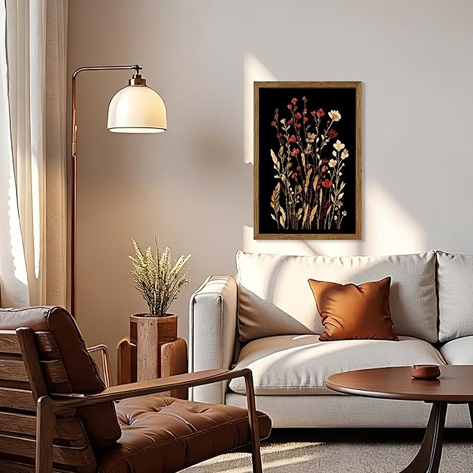 JLTULT Vintage Floral on Black Background Canvas Wall Art, Elegant Dark Wildflower Wall Decor, Botanical Painting Art Prints for Bedroom Bathroom Living Room Office 20x30 In Wood Framed Easy to Hang