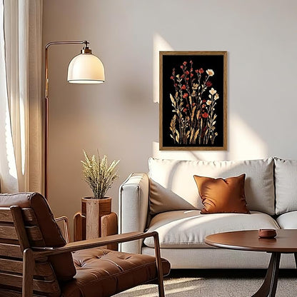 JLTULT Vintage Floral on Black Background Canvas Wall Art, Elegant Dark Wildflower Wall Decor, Botanical Painting Art Prints for Bedroom Bathroom Living Room Office 20x30 In Wood Framed Easy to Hang