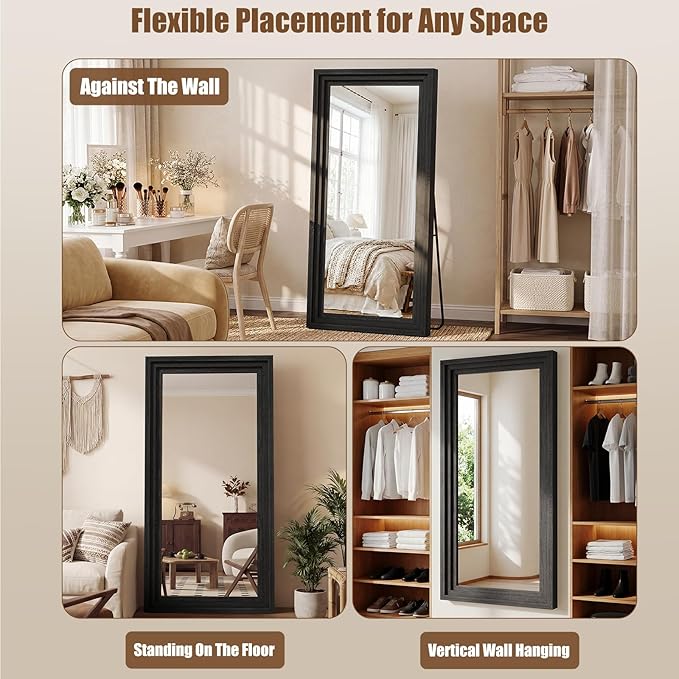 Full Length Mirror 71"x30", Large Solid Wood Frame Floor Mirror, Leaning Floor Mirror, Stable Frame, Shatterproof Glass, Modern Classic Style for Bedroom, Living Room, Entryway