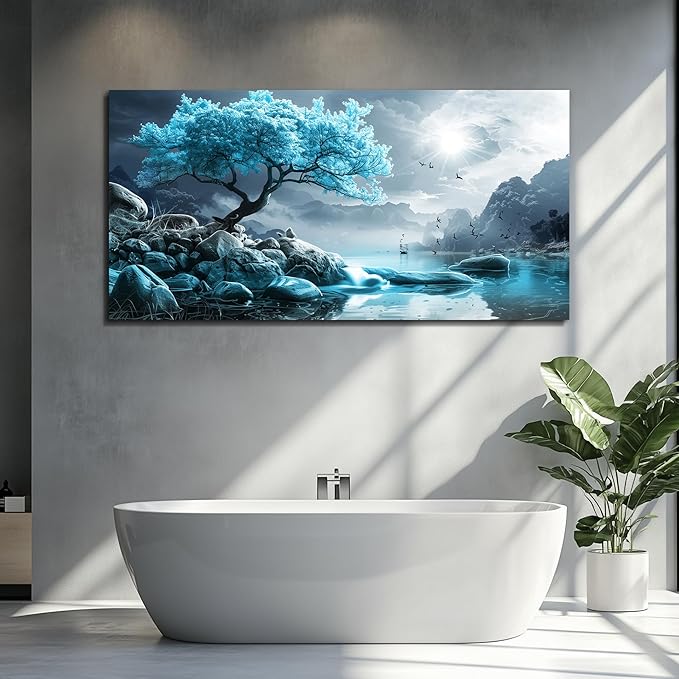KELIYUAN Large Wall Art For Living Room Canvas Wall Decor Bedroom Blue Tree Landscape Wall Paintings Black And White Pictures Office Mural Framed Prints Artwork Modern Home Decorations 30x60in