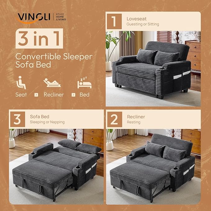 VINGLI Dark Gray Futon Sofa Bed Convertible Loveseat Sleeper Sofa Couch, Corduroy Pullout Sofa Fold Out Couch Bed with USB Ports, Cup Holders, Armrest for Living Room, Bedroom Apartment Room | Lovesest Sleeper