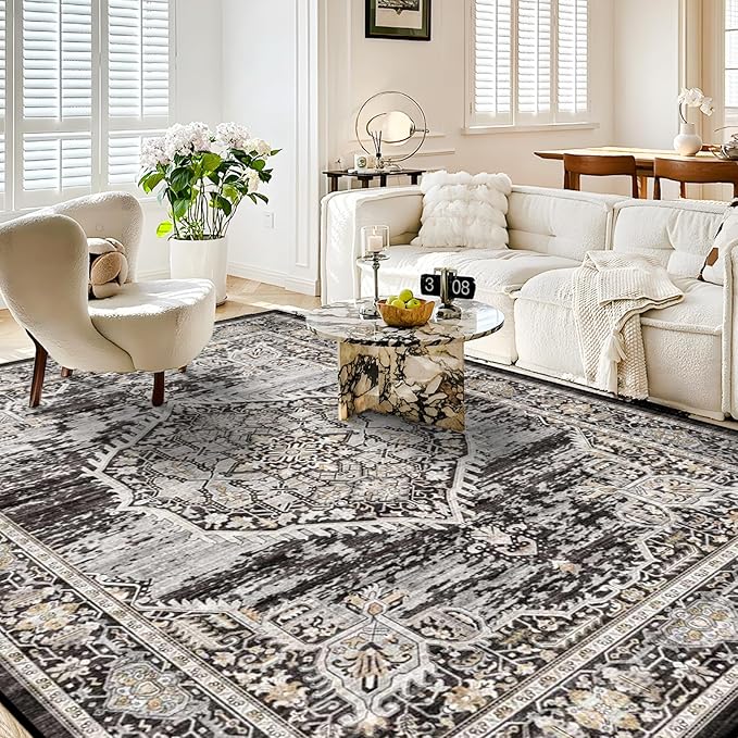 8x10 Rug Washable Area Rugs: Large Soft Living Room Rug - Distressed Stain Resistant Floor Carpet - Machine Washable Foladable Low Pile Area Rugs 8'x10' Black