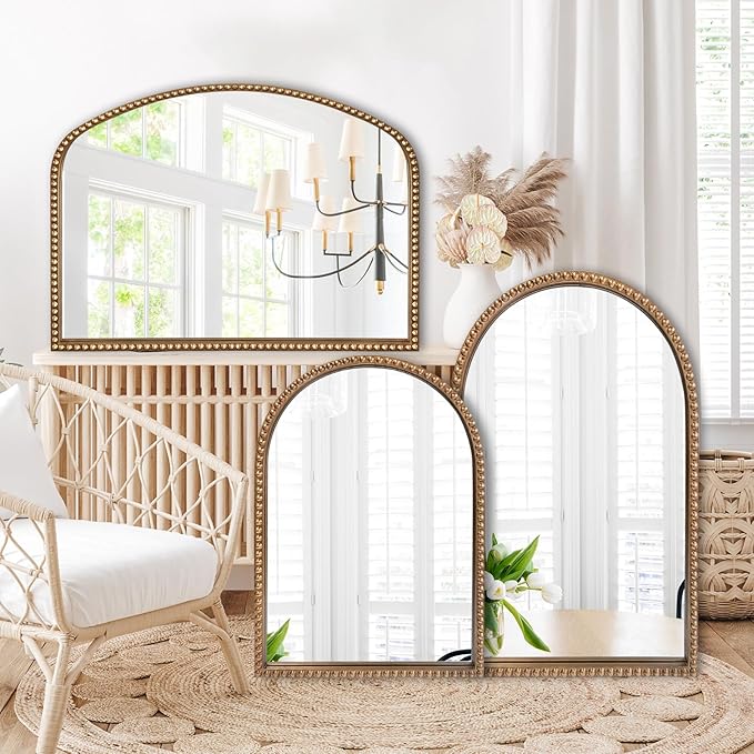 BAODANFU Traditional Wall Mirror Vintage Gold, 24" x 40" Tall Narrow Arch Antique Beaded Frame Decorative Accent Vanity Wall Decor, Arched Vertical Mirrors for Bathroom, Living Room, Entryway