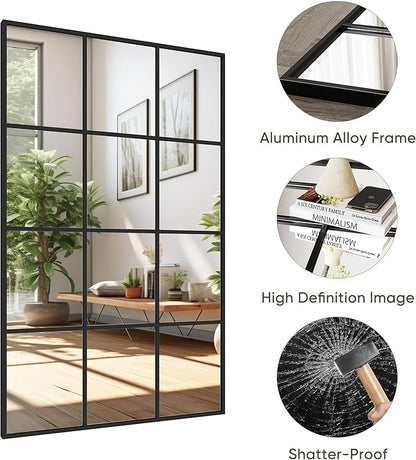 Suidia Wall Mirror, 30" x 48" Window Decorative Mirrors, Metal Framed Wall Decor Wall-Mounted Mirrors for Bedroom, Living Room, Entryway, Black