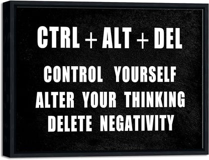 Pyradecor Black Framed Canvas Wall Art Motivational CTRL+ALT+DEL Classroom Positive Quotes Inspirational Poster Canvas Prints for Office Home Decorations