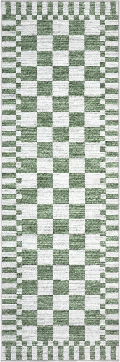 GarveeHome 2.5×10 Kitchen Runner Rug Non Slip,Sage Green Checkered Rug,Washable Runner Rug for Hallway Soft Low-Pile Geometric Checkerboard Rugs for Entryway Kitchen Dining Room