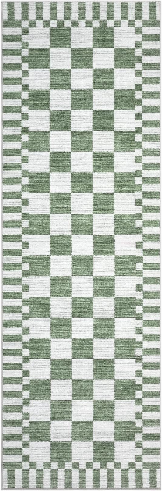GarveeHome 2.5×8 Kitchen Runner Rug Non Slip,Sage Green Checkered Rug, Washable Runner Rug for Hallway Soft Low-Pile Geometric Modern Rugs for Entryway