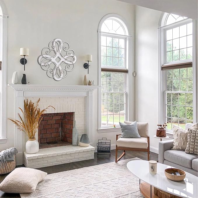 Sintosin Vintage Wrought Iron Wall Decor 22 Inch, Hanging Distressed White Farmhouse Wood and Metal Wall Art Decor, Rustic Medallion Home Wall Decor for Living Room Bedroom Entryway Hallway