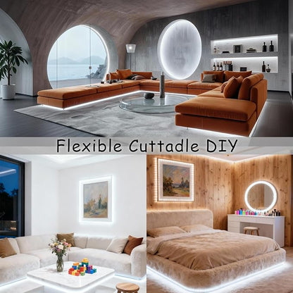 3 Set 20 FT 6500K White Led Strip Lights for Bedroom Dimmable 60 FT LEDs Rope Light Flexible Super Bright White Tape Lights for Ceiling Room Home Decor Luces LEDs