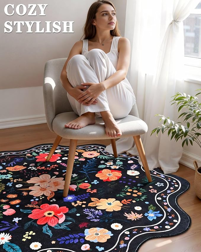 Macgace Black Round Rug for Girls Bedroom, 4ft Machine Washable Floral Area Rugs with Non Slip Backing, Cute Flower Carpet Kitchen Living Room Kids Playroom Decor