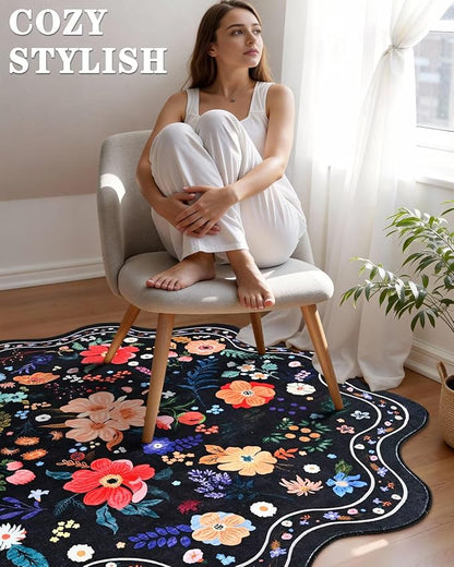 Macgace Black Round Rug for Girls Bedroom, 5ft Machine Washable Floral Area Rugs with Non Slip Backing, Cute Flower Carpet Kitchen Living Room Kids Playroom Decor