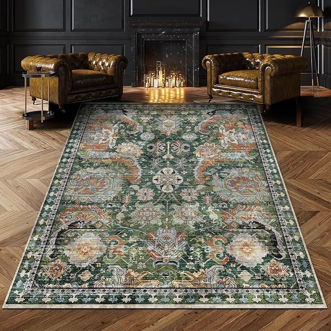 RUGSURE Washable Area Rugs - Perfect for Living Room, Bedroom, Kids Room, Nursery - Stain & Water Resistant Non-Slip, Pet & Child Friendly, Vintage Tribal Area Rugs (Green, 8' x 10')