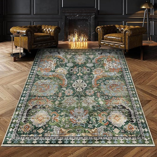 RUGSURE Washable Area Rugs - Perfect for Living Room, Bedroom, Kids Room, Nursery - Stain & Water Resistant Non-Slip, Pet & Child Friendly, Vintage Tribal Area Rugs (Green, 9' x 12')