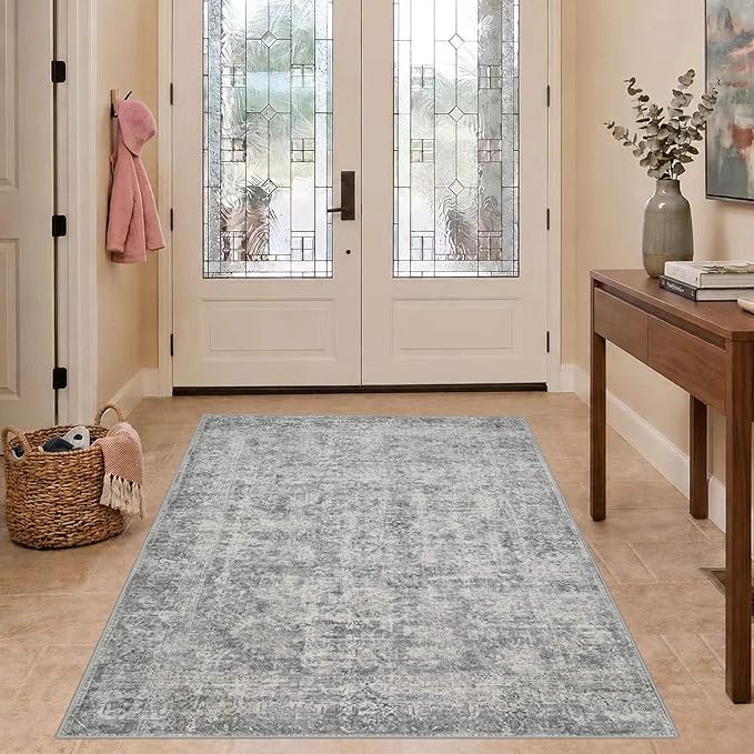 Rugxara 3x5 Rug for Entryway Bedroom, Grey 3x5 Washable Area Rug, Vintage Retro Boho Throw Rug, Non Slip & Low Pile Small Carpet for Indoor Entry, Kitchen, Bedside, Living Room, Bathroom and Dining