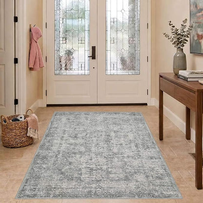 Rugxara 3x5 Rug for Entryway Bedroom, Grey 3x5 Washable Area Rug, Vintage Retro Boho Throw Rug, Non Slip & Low Pile Small Carpet for Indoor Entry, Kitchen, Bedside, Living Room, Bathroom and Dining