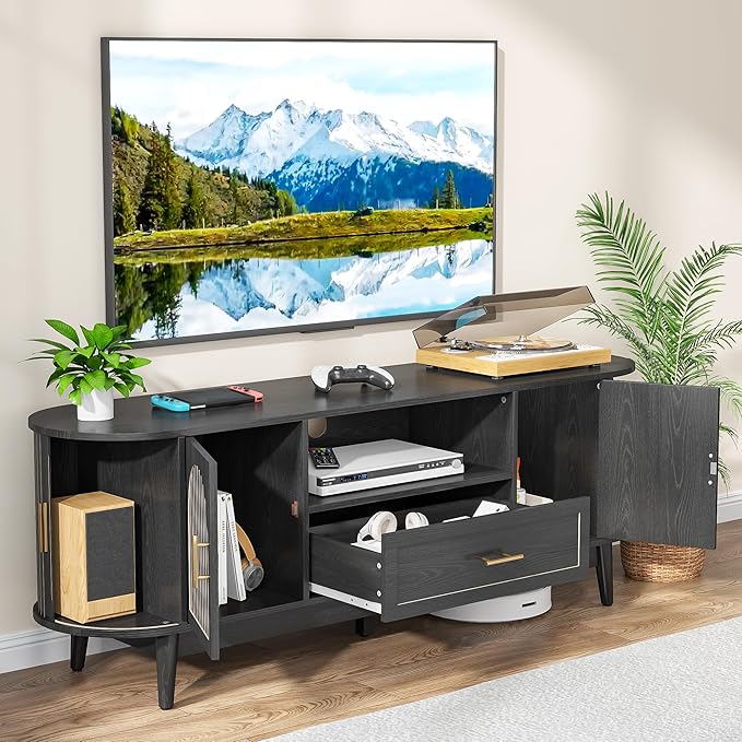 63" Fluted TV Stand for Tvs up to 70", Mid-Century Modern Entertainment Center with Drawers and Fluted Doors, Curved TV Media Console Table with Sliding Doors for Living Room, Bedroom (63" Black)