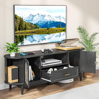 63" Fluted TV Stand for Tvs up to 70", Mid-Century Modern Entertainment Center with Drawers and Fluted Doors, Curved TV Media Console Table with Sliding Doors for Living Room, Bedroom (63" Black)