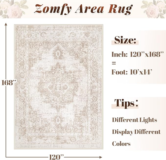 Area Rug 10x14 Vintage Rug: Large Washable Indoor Medallion Rugs Low Pile Distressed Floor Carpet Retro Accent Rug for Living Room Bedroom Dining Room Home Office(Beige, 10'x14')