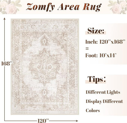 Area Rug 10x14 Vintage Rug: Large Washable Indoor Medallion Rugs Low Pile Distressed Floor Carpet Retro Accent Rug for Living Room Bedroom Dining Room Home Office(Beige, 10'x14')