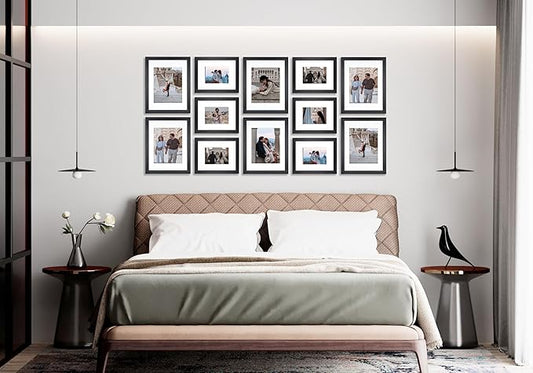 VELISTA 12 Piece Large Rectangle Gallery Wall Frame Set - Photo Frame Set with Mat 8x10 and 11x14 in - Picture Frame Set for Wall Collage made of Engineered Wood –Assorted Black Frames for Gallery Wall