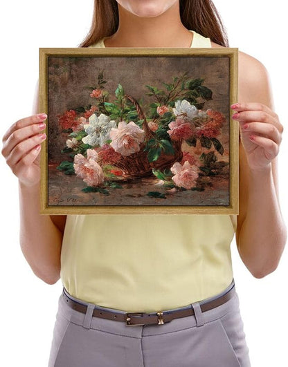 Pyradecor Vintage Wall Decor Retro Framed Canvas Wall Art A Basket with Roses Classical Floral Painting for Living Room Bedroom Farmhouse Decorations