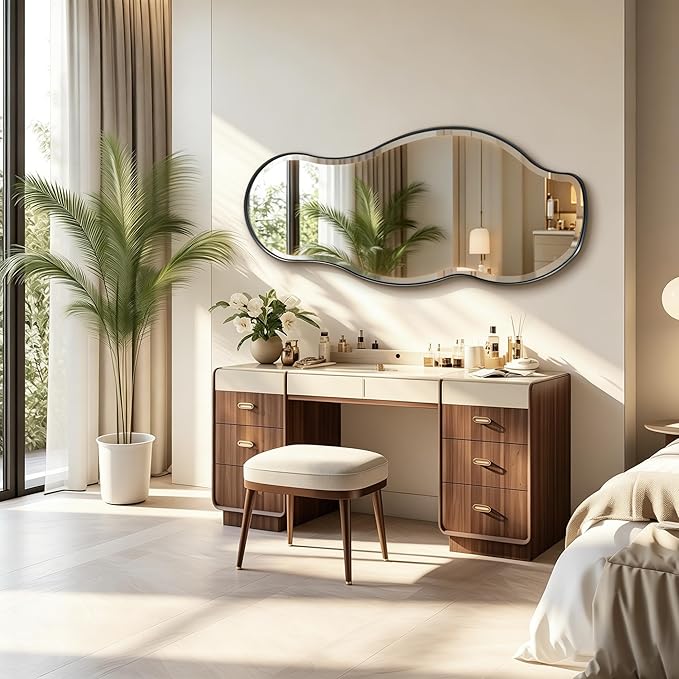 POZINO Irregular Beveled Mirror, 53"x24" Premium Bathroom Vanity Mirror with Metal Frame, Large Asymmetrical Organic Wall Mirrors for Living Room Bedroom Hallway Entryway, Horizontal/Vertical Hanging