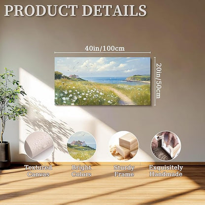 SERIMINO Coastal Landscape Large Wall Art, Country Scenic Canvas Art Wall Decor, Meadow Wildflowers Nature Art Prints, Rustic House Decorations Living Room Bedroom Above Bed Wall Pictures 20"X40"