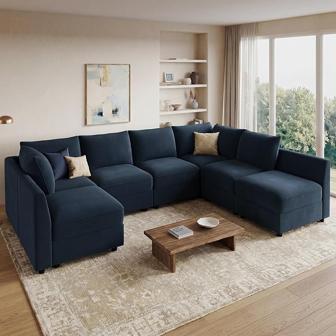 HONBAY Modular Sectional Sofa with Storage U Shape Sectional Sofa Velvet Sectional Couches for Living Room,Dark Blue