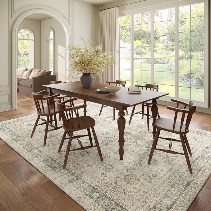 Washable 8x10 Area Rugs for Living Room, Boho Non-Slip Vintage Distress Large Rugs for Bedroom Dining Room Nursery Office, 0.3" Neutral Oriental Throw Thin Carpet, Grey/Beige/Multi, C2