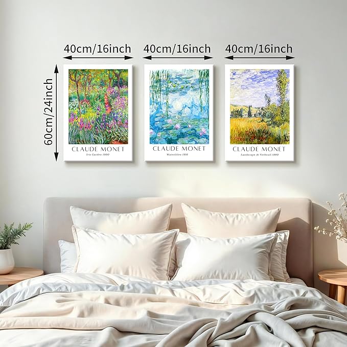 WENGTIAO Claude Monet Canvas Wall Art Prints Monet Iris Garden Landscape Oil Paintings Vintage Impressionist Reproduction Posters Pictures Classic Water Lilies Artwork for Living Room Bedroom 16x24x3