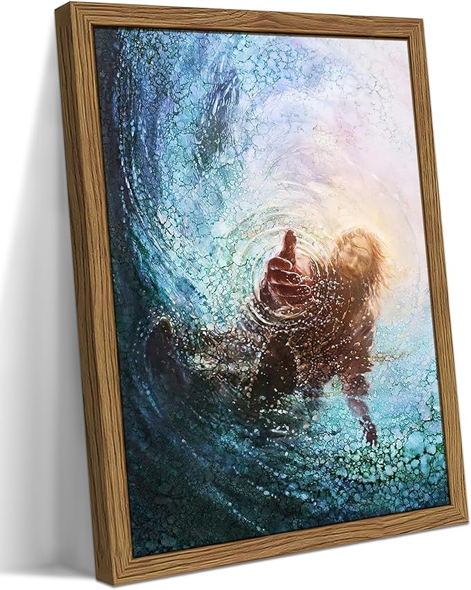 Wood Framed Jesus Christian Wall Art, Hand of God Canvas Paintings Posters Prints, Christ Religion Bible Jesus Salvation Wall Decor for Church Study Prayer Room Home Decoration 16x24 in