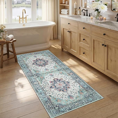 RELEANY Area Rugs 2'6"x5' Runner Rug Non Slip Washable for Kitchen Hallway Bedroom Beside Laundry Room Bathroom Rug, Floor Carpet, Green Navy Blue White Red Teal Colorful