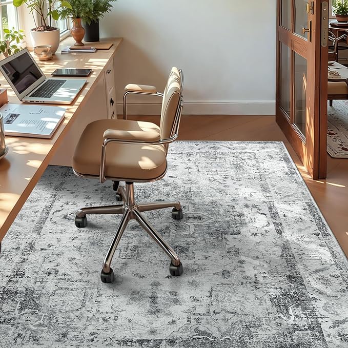 YOH Boho Washable Rug 4x6, Light Gray Vintage Non Slip Area Rug, Distressed Indoor Carpet for Living Room Bedroom Kitchen Office
