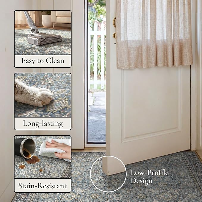 GENIMO 6x9 Area Rugs for Living Room, Machine Washable Non Slip Vintage Rugs, Low Pile Lightweight Chenille Print Rug for Bedroom, Dining Room, Home Office, Vintage Blue