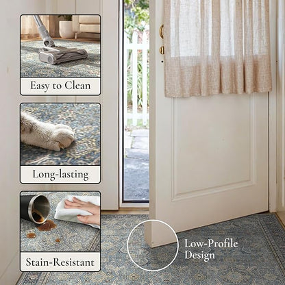 GENIMO 6x9 Area Rugs for Living Room, Machine Washable Non Slip Vintage Rugs, Low Pile Lightweight Chenille Print Rug for Bedroom, Dining Room, Home Office, Vintage Blue
