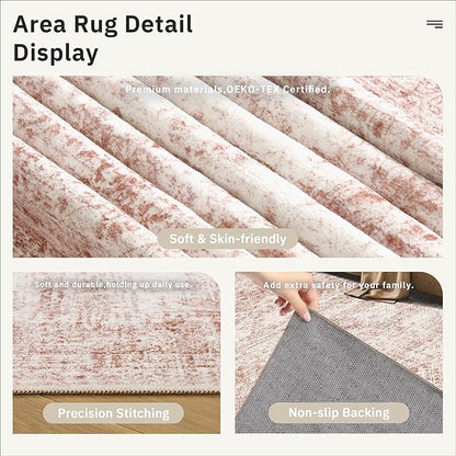 Soalmost Washable Area Rug 8x10, Large Soft Rugs for Living Room Vintage Area Rugs for Bedroom Dining Room Non-Slip Stain Resistant Pink Under Table Rug